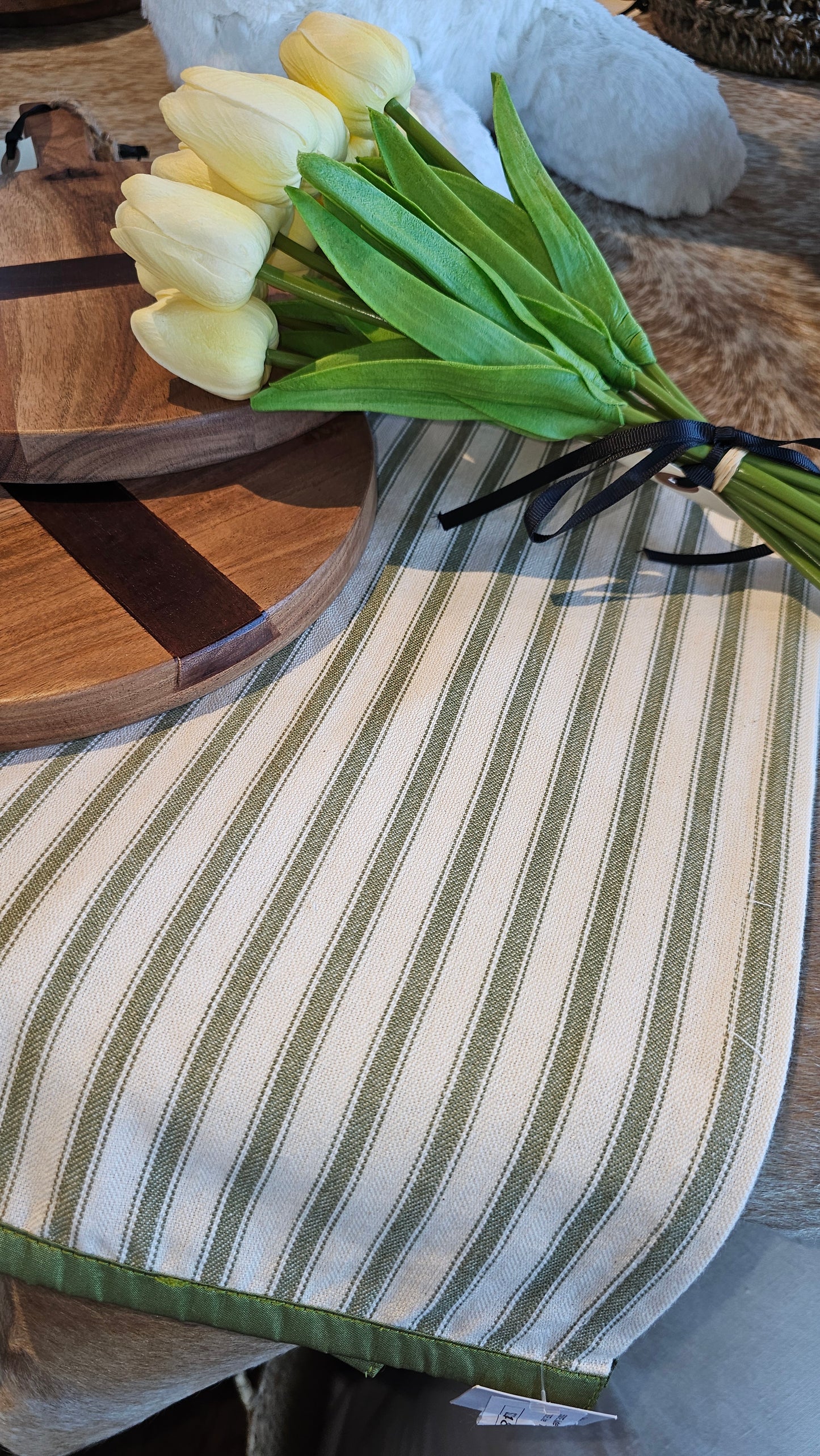 55387E Trim Striped Towel-GRN & CRM : 28"