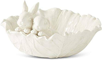 20370B Antiqued White Dolomite Cabbage Bowl w/ Rabbits