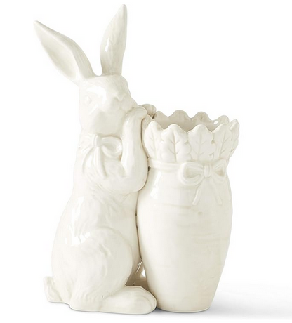 20370A Antiqued White Dolomite Carrot Vase w/ Rabbit 9"