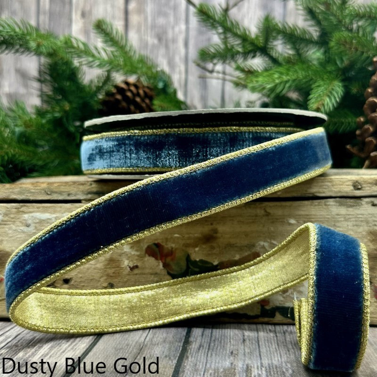 07-2726 Dusty Blue Gold 1" x 10yds VP lush velvet