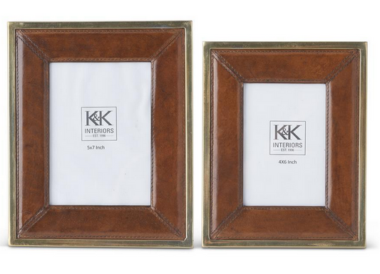 Metal Trimmed Tan Leather Photo Frame