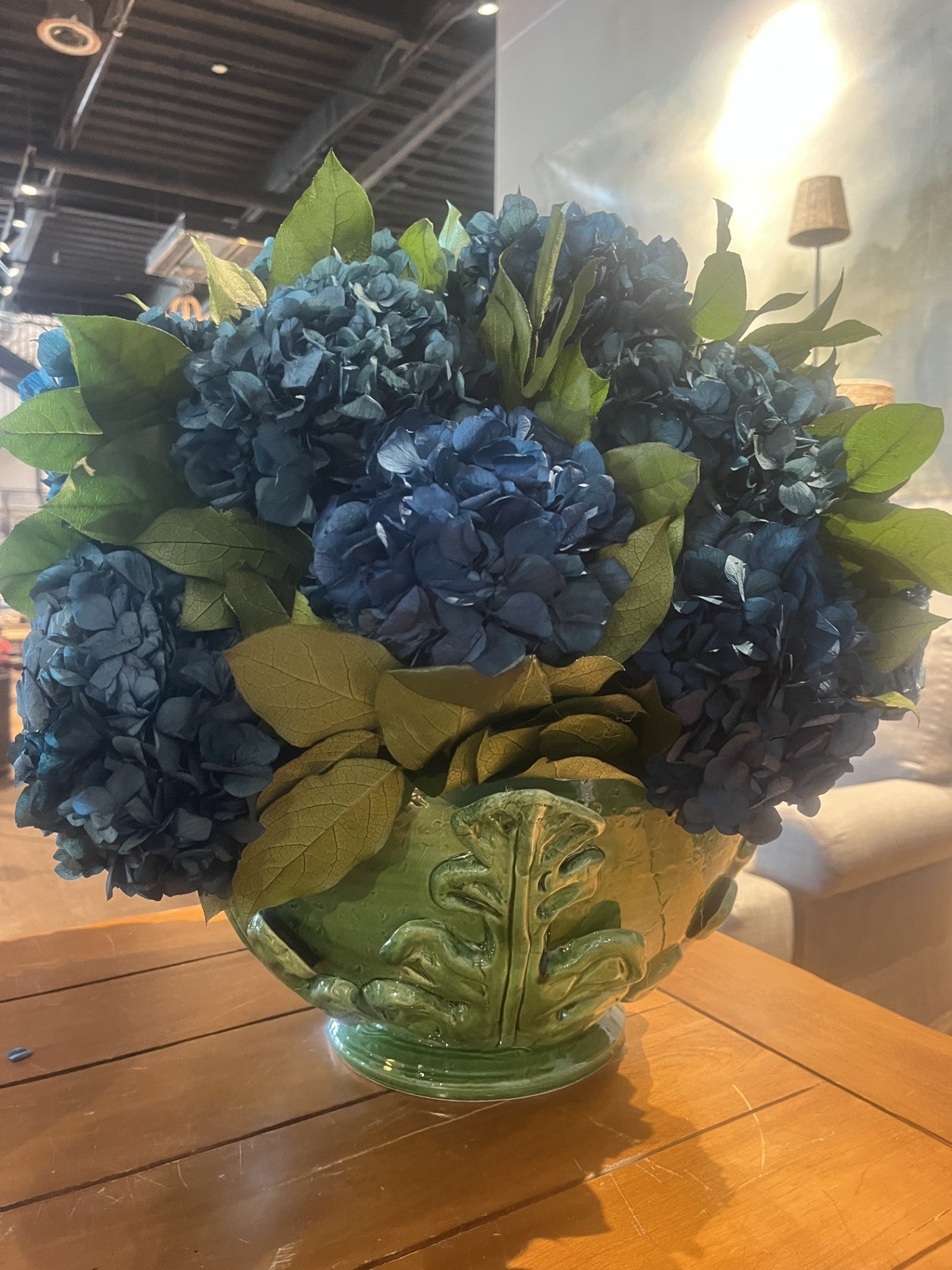 Green Ancanthus Bowl w/ Blue Hydrangea